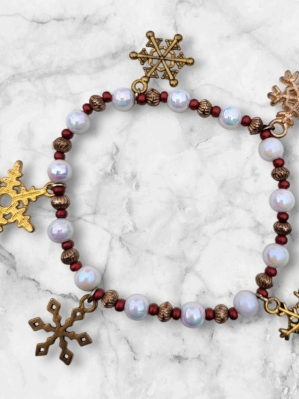 Holiday Snowflake Pearl Bracelet - White & Red Beaded Charm Bracelet